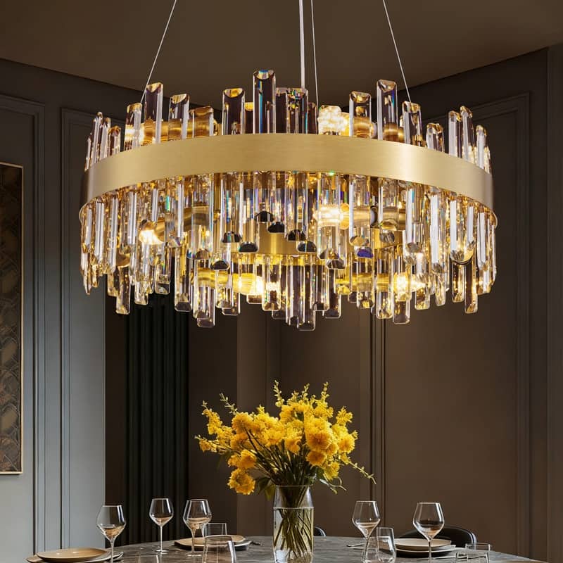 24 in. 2-Tier Modern Crystal Chandelier Brass Gold Round Crystal Raindrop Chandelier Contemporary Pendant Light for Dining Room