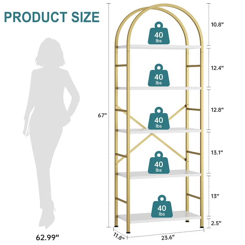 Futzca 5 Tiers Bookshelf Arched, Wooden Bookcase Display Rack