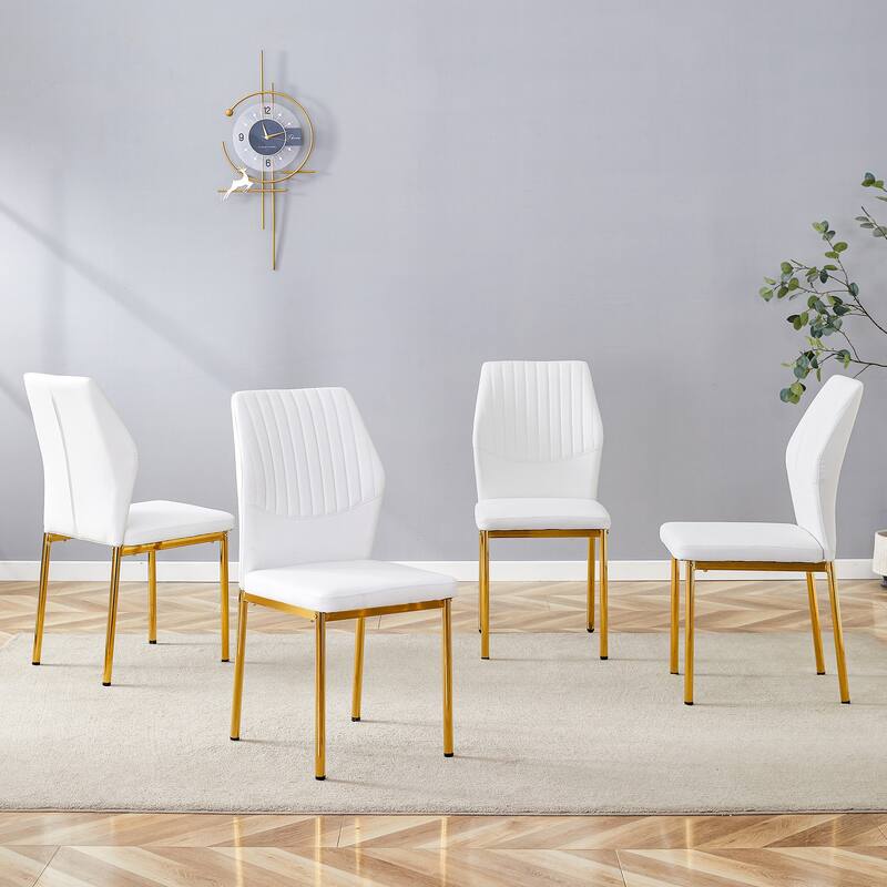 Set of 4 Vertical Stripe Design Dining Chair with Metal Leg Armless Chair Accent Chair Armless Chair for Dining Room - White+Gold
