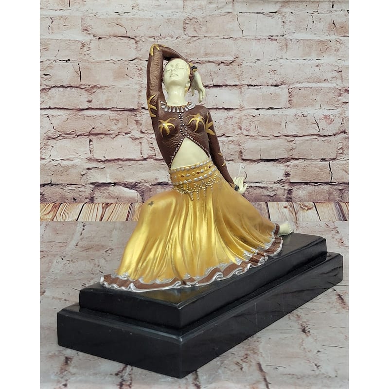 Art Nouveau Chiparus Dancer In Long Skirt - Gold Patina Bronze Sculpture