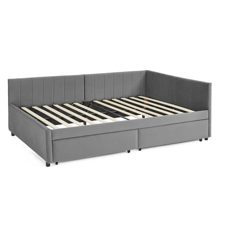 Full Size Upholstered Tufted Bed Frame with Two Drawers, Sofa Bed Frame with Comfortable Backrest and Armrests, Velvet