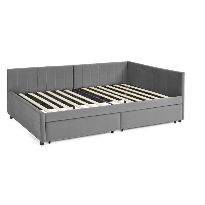 Full Size Velvet Upholstered Daybed with 2 Storage Drawers and Tufted Sofa Design and Comfortable Backrest