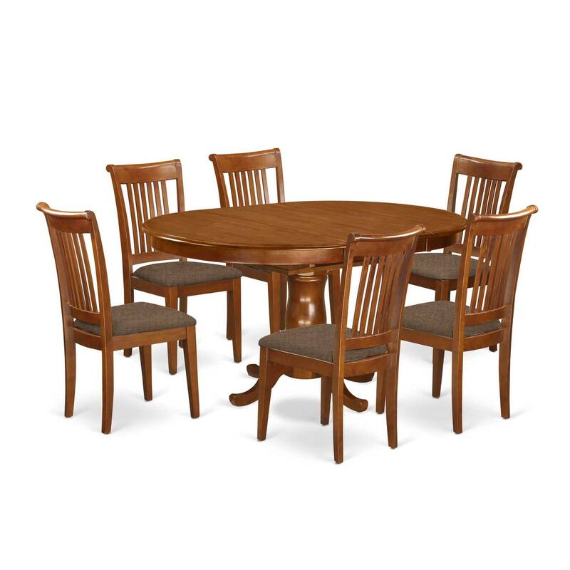 Nordic Dining Table Set 7 Piece - Oval Table with Leaf & 6 Fabric Chairs - Saddle Brown