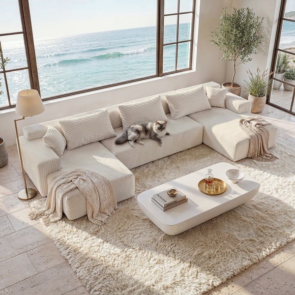 Modern L-Shaped Sectional Sofa with Chaise, Compressed Foam Couch, Soft Corduroy Upholstery, 134” Wide Deep Seating Sofa