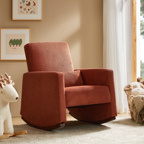 slide 2 of 9, Julia 29.5"W Modern Solid Wood Nursery Rocking Chair with Lumbar Pillow by HULALA HOME Rust