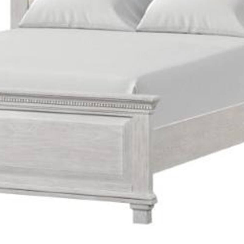 Leyne Queen Bed, Cream Upholstery, Dentil Molding Weathered Gray Wood