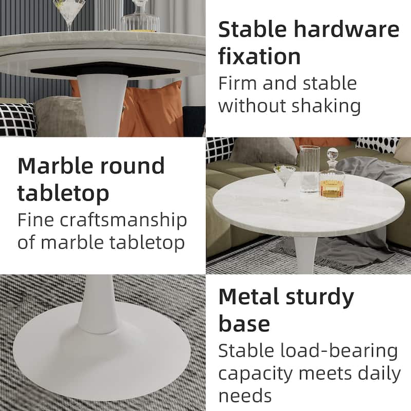 27.6" Mid-Century Modern Style Dining Table, Accommodates 2-4 People, Featuring A Round White-Veined Marble Tabletop