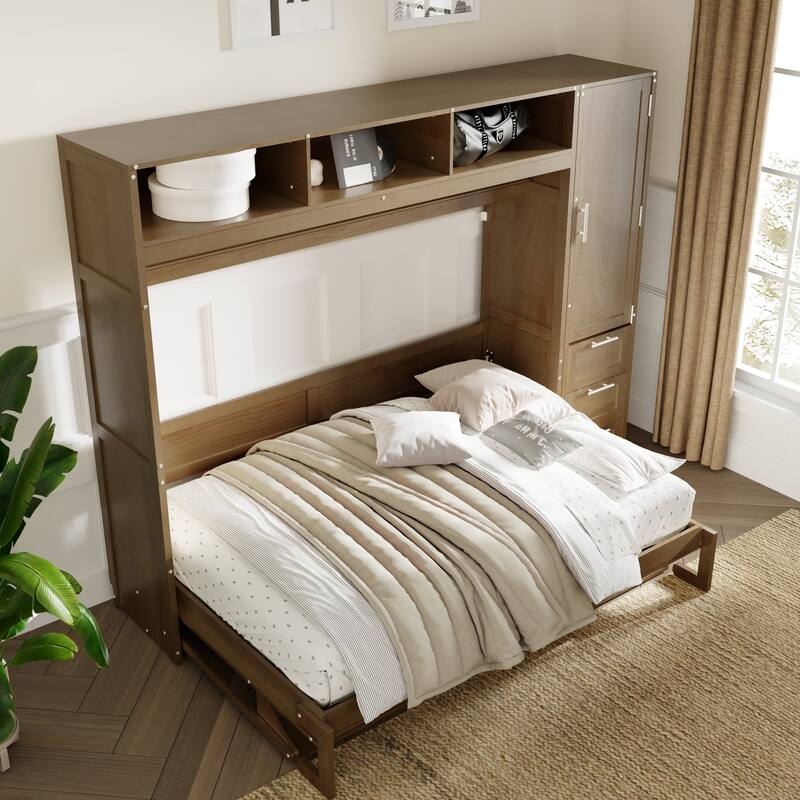Full Size Murphy Bed with Wardrobe, Drawers & Shelves