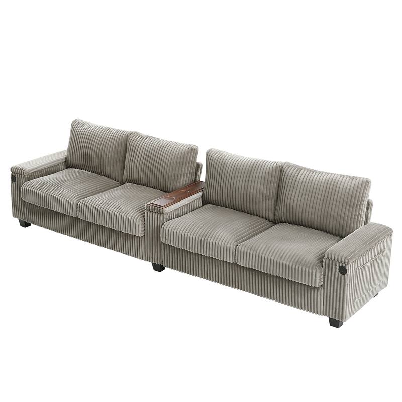 Roomfitters 4-Seater Corduroy Modern Sofa Couch with USB Ports Hidden Storage Arms & Flip-Top Cup Holders for Living Room