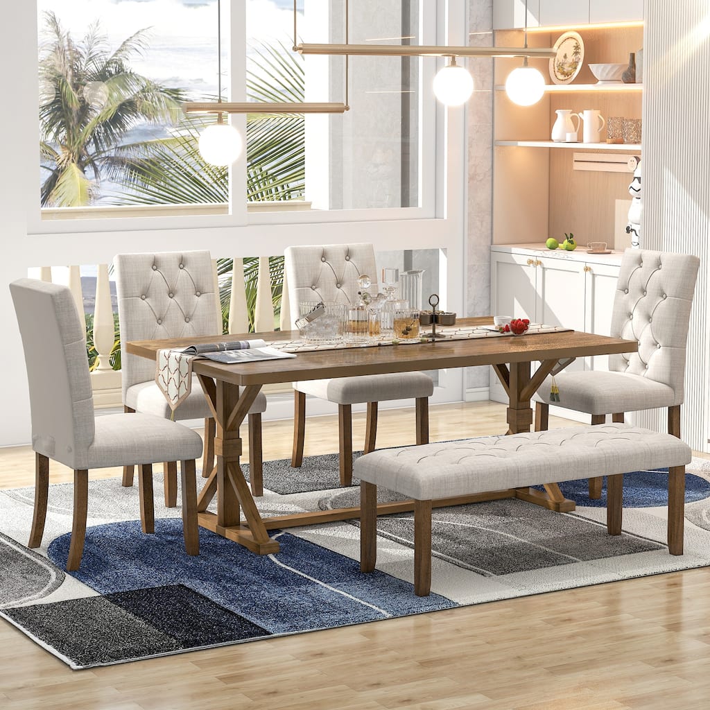 6-Piece Farmhouse Dining Table Set 72" Wood Rectangular Table, 4 Upholstered Chairs with Bench