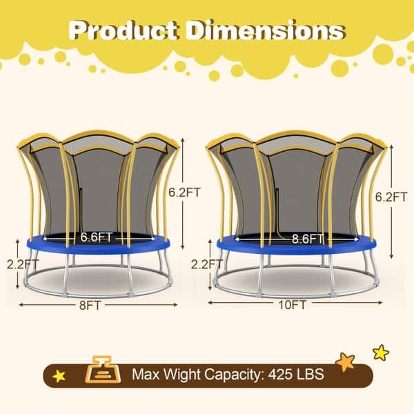 dimension image slide 1 of 3, 8 Feet Outdoor Unique Flower Shape Trampoline with Enclosure Net