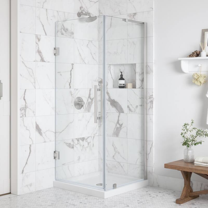 OVE Breeze Pivot Corner Frameless Pivot Shower Door Kit with Base Pan - 32" - Satin Nickel
