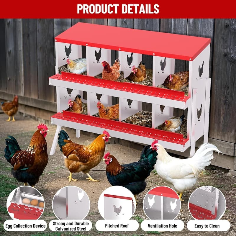 Wall-Mount or Free-Standing Metal Chicken Nesting Box for Hens, Red with Legs