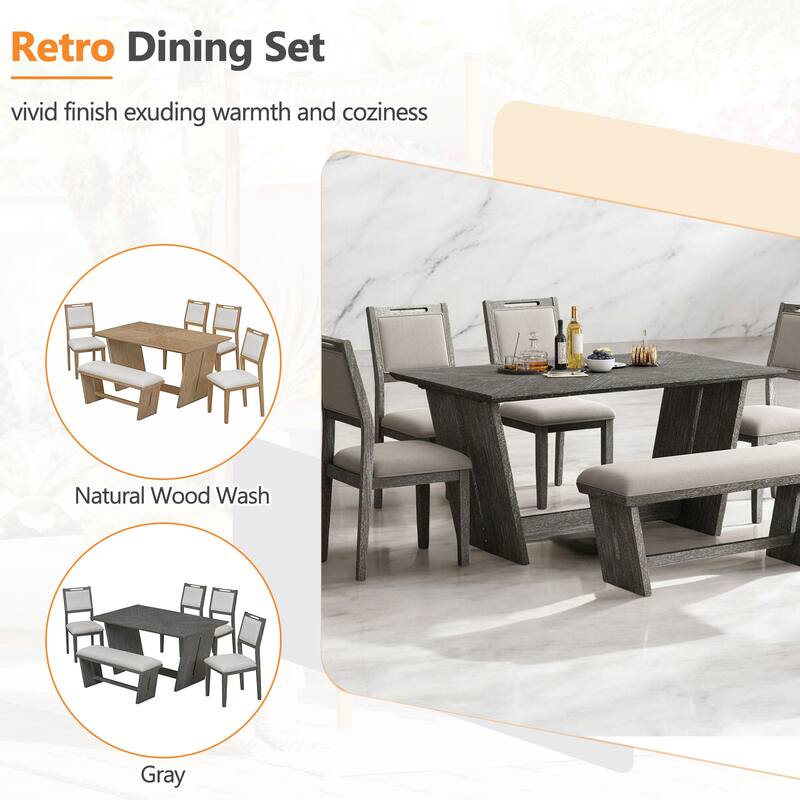 6-Piece Retro Dining Table Set for 6 with Chairs and Bench, Vintage Wood Kitchen Set for Dining Room, Trestle Base