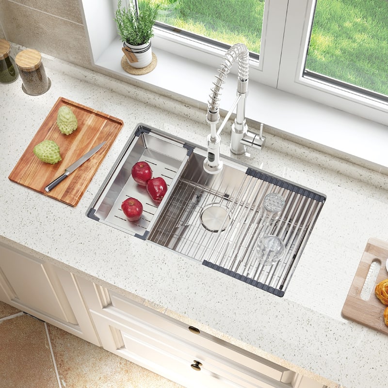 Undermount Handmade Workstation 304 Stainless Steel Kitchen Sink with grid cutting board colander drying rack and Strainer
