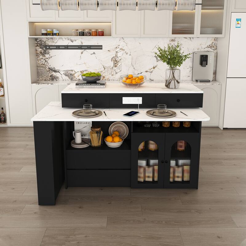 Kitchen Island with Extendable & Rotating Table, Kitchen Table with Power Outlet, 4 Drawers & Glass Door Cabinets
