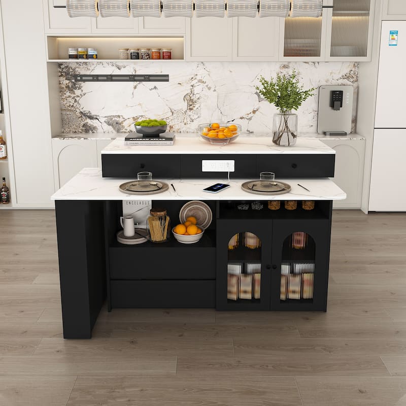 Roomfitters Kitchen Island with Rotating Extendable Table, Mobile Dining Station with Storage and Built-in Power Outlet