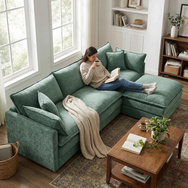 Homy Casa 102" L-Shaped Modular Sectional Sofa Movable Ottoman, Cloud-Style Chenille Couch, DIY Combination for Living Room Tray