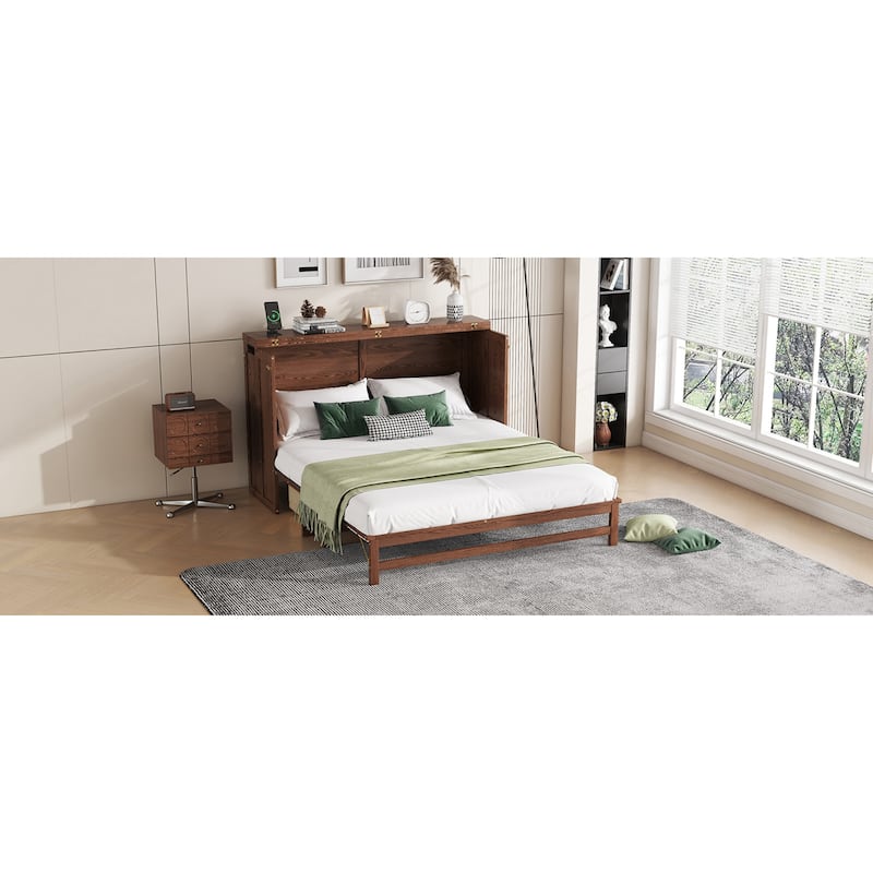 Roomfitters Queen Murphy Bed Cabinet with Storage Compartment, Charging Station with USB, Solid Pine Wall Bed