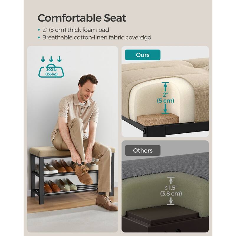 Black Metal Entryway Organizer Shelf Shoe Storage Bench with Padded Seat Perfect for Holds 8 Pairs - 12.9”D x 31.9”W x 19.3”H