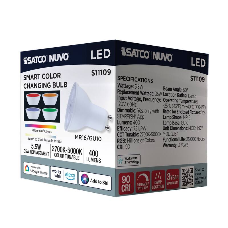 Starfish 5.5 Watt LED MR16 2700K-5000K RGBTW Bi Pin GU10 Base 120 Volt - White