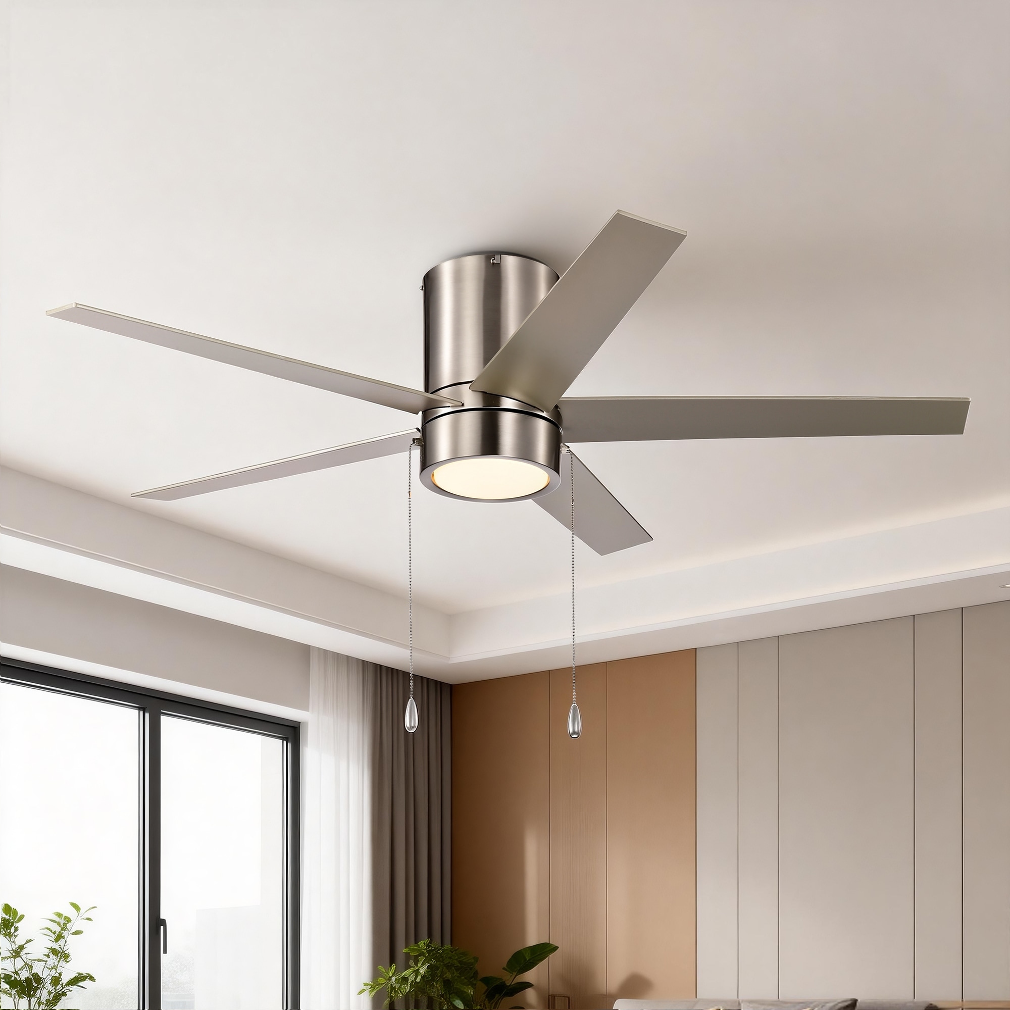 52 in. Indoor Flush Mount Ceiling Fan with 5 Blades & 18W 3CCT LED - 3 Finish Options, Pull Chain Control