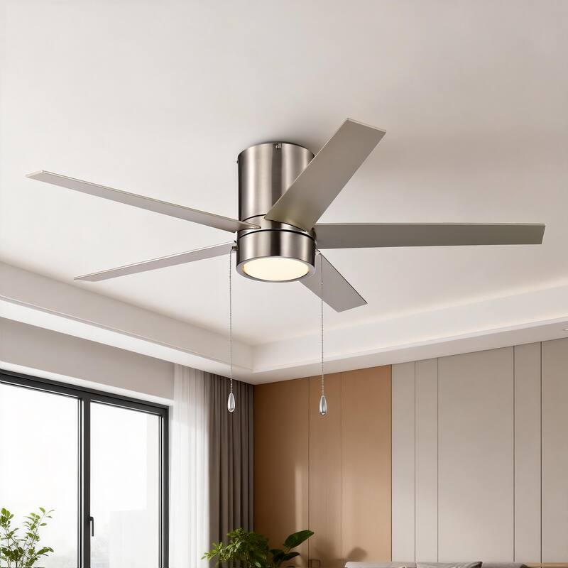 52 in. Indoor Flush Mount Ceiling Fan with 5 Blades & 18W 3CCT LED - 3 Finish Options, Pull Chain Control - Brushed Nickel