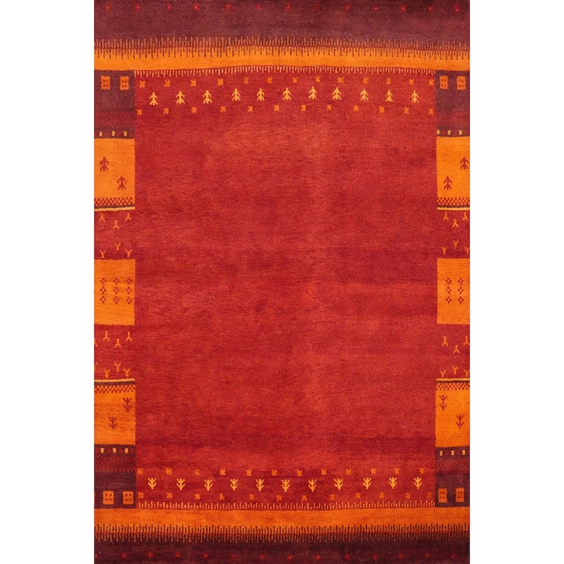 Hand Knotted Oriental 100% Wool Carpet Modern Geometric Red Gabbeh Area Rug - 8' 0'' X 6' 6''