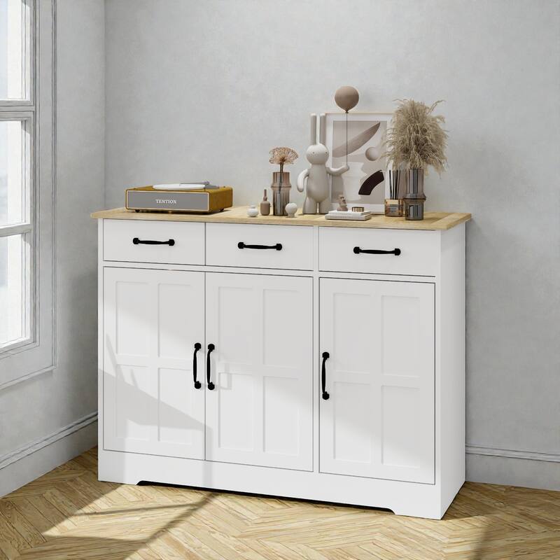 Farmhouse Buffet Sideboard Cabinet with 3 Drawers and 3 Doors, Large Storage Cupboard for Kitchen Dining Living Room - White