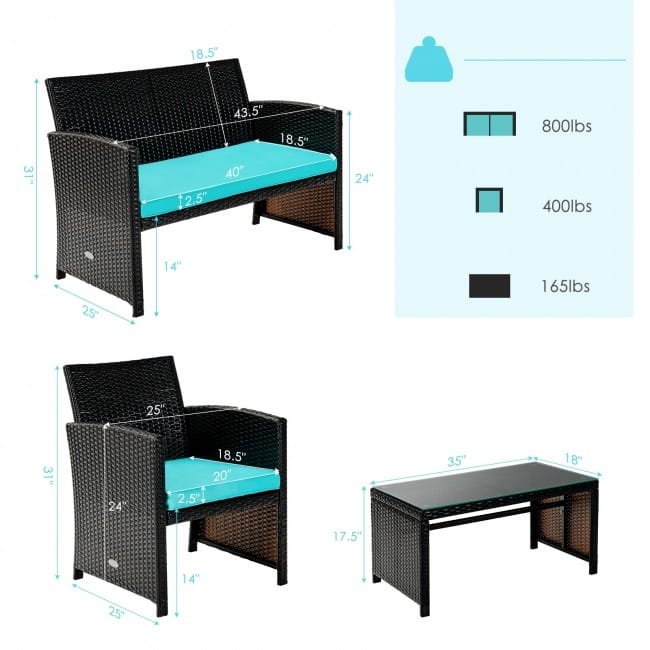 4Pcs Patio Rattan Cushioned Furniture Set - 43.5" x 25" x 31" (L x W x H)