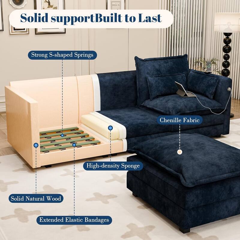 Modular Sectional Sofa L Shaped Couch, 3/4 Seat Sofa Set with Ottoman, Chenille Fabric