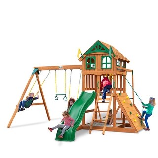 Gorilla Playsets Avalon Wood Swing Set with Wood Roof and Monkey Bars - Amber