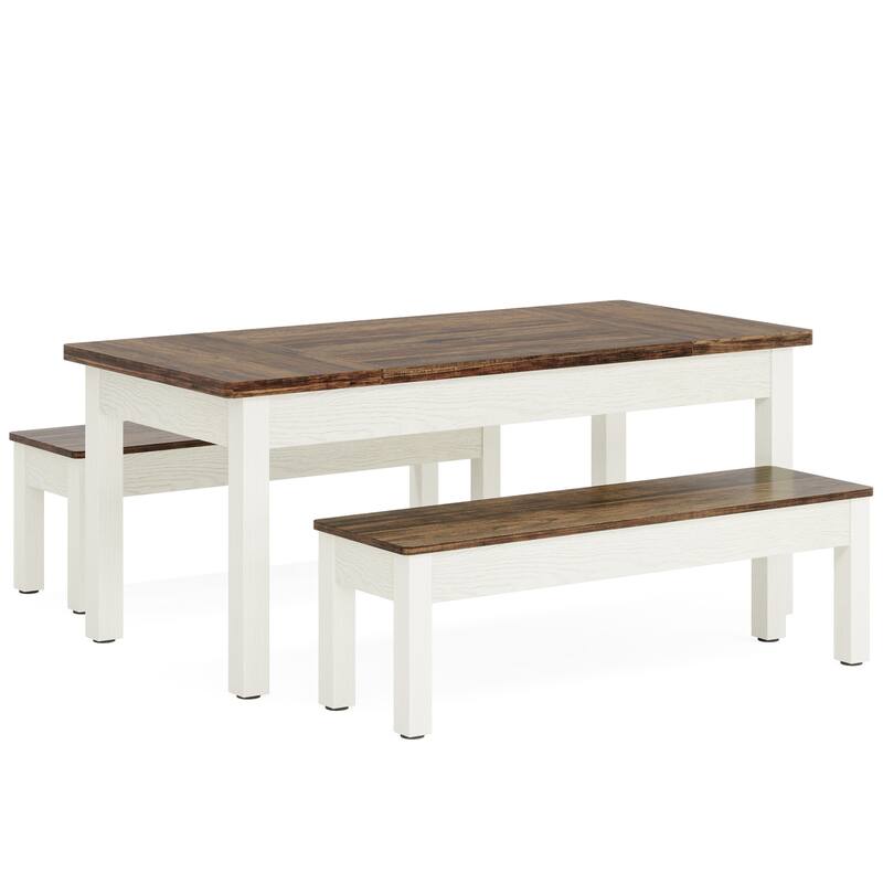 Farmhouse Wood Kitchen Table Set, 55-Inch Dining Table with 2 Benches
