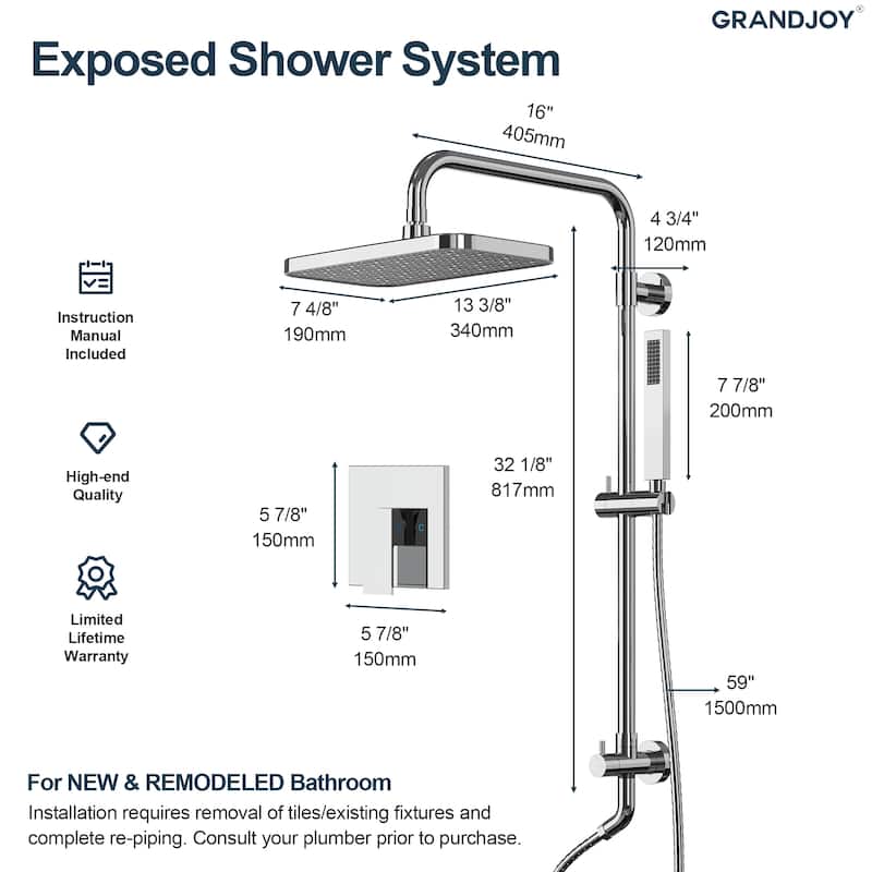 GRANDJOY 12" Rainfall Shower Head 3-Function Shower System with Adjustable Handheld Spray