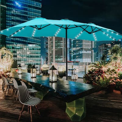 Ainfox 15ft Double-Sided Patio Umbrella with Base Large Outdoor Umbrella with LED Solar Lights
