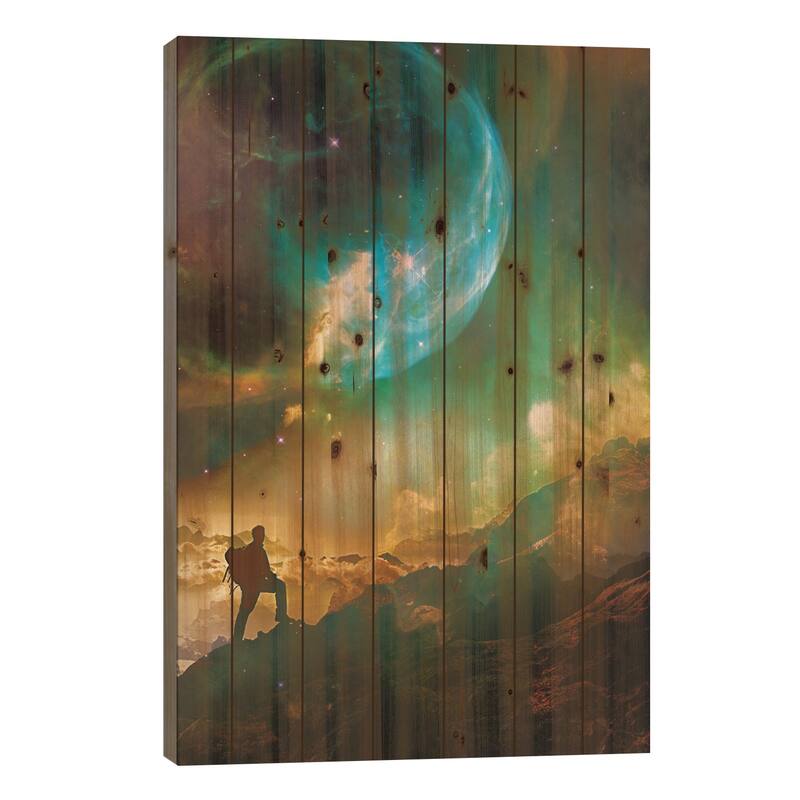 Vibrant Space Hiker Print On Wood by Stoian Hitrov - Multi-Color - 26x18x1.5