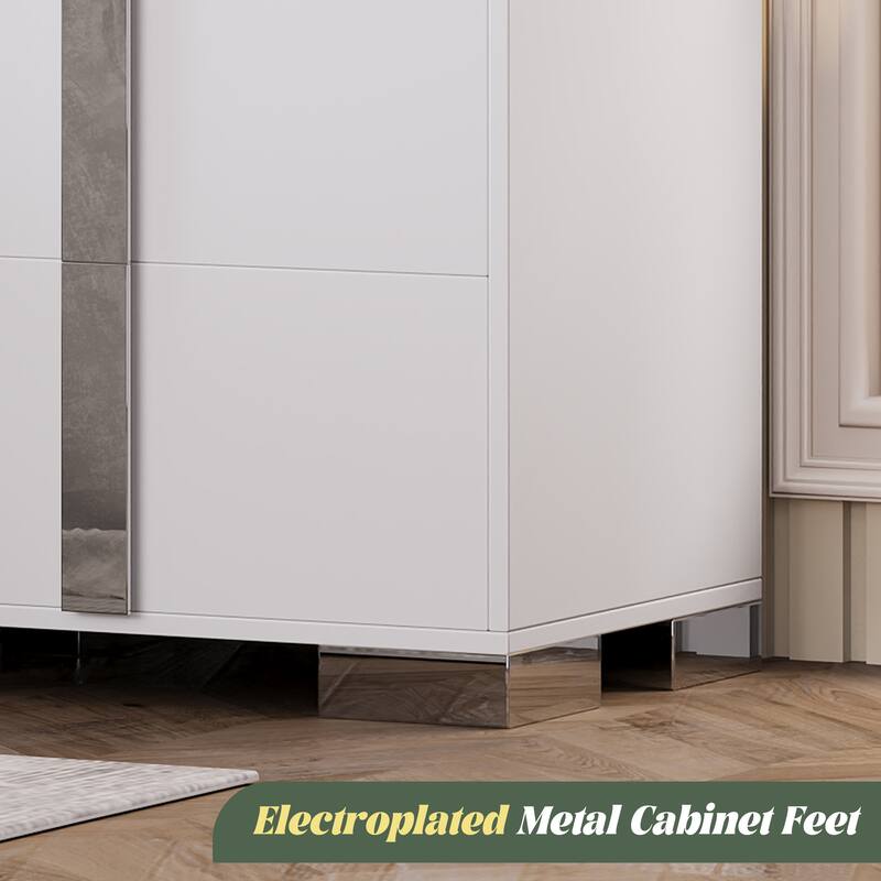 Modern End Table with Drawers, Elegant Nightstand with Metal Foot,Wood Bedside Table with Mirrored Metal Handles