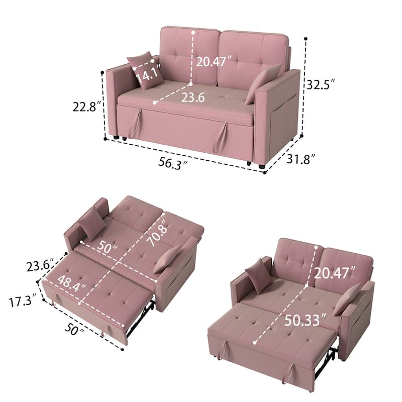 3 in 1 Convertible Sleeper Sofa Bed, Futon Couches for Living Room with Side Pocket, Adjustable Backrest