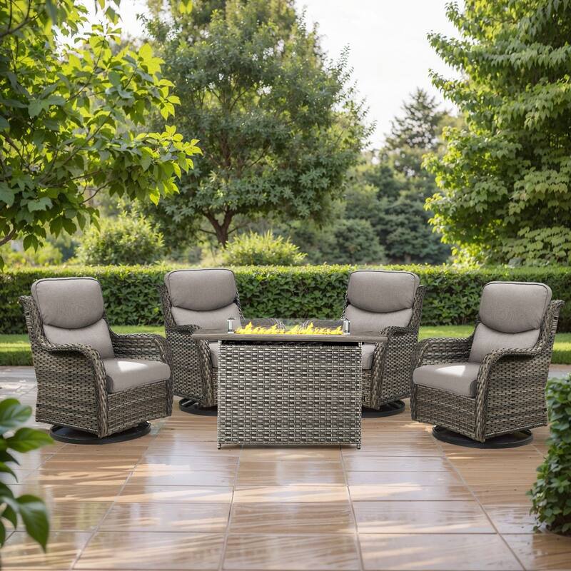 5 Pieces Outdoor Swivel Chairs Fire Pit Table with 5-Inch Thick Cushions - Grey Rattan - Grey Cushion - 5PCS Swivel Chair w/ Rectangular Fire Table