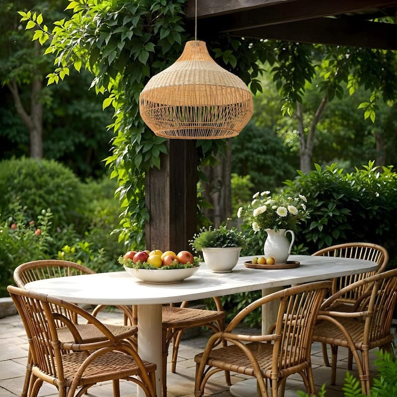 Beatrice Outdoor Rattan Pendant Light - Brown Large Dome 1-Light Handwoven Hanging Light For Coastal, Tropical, Boho Room Decor