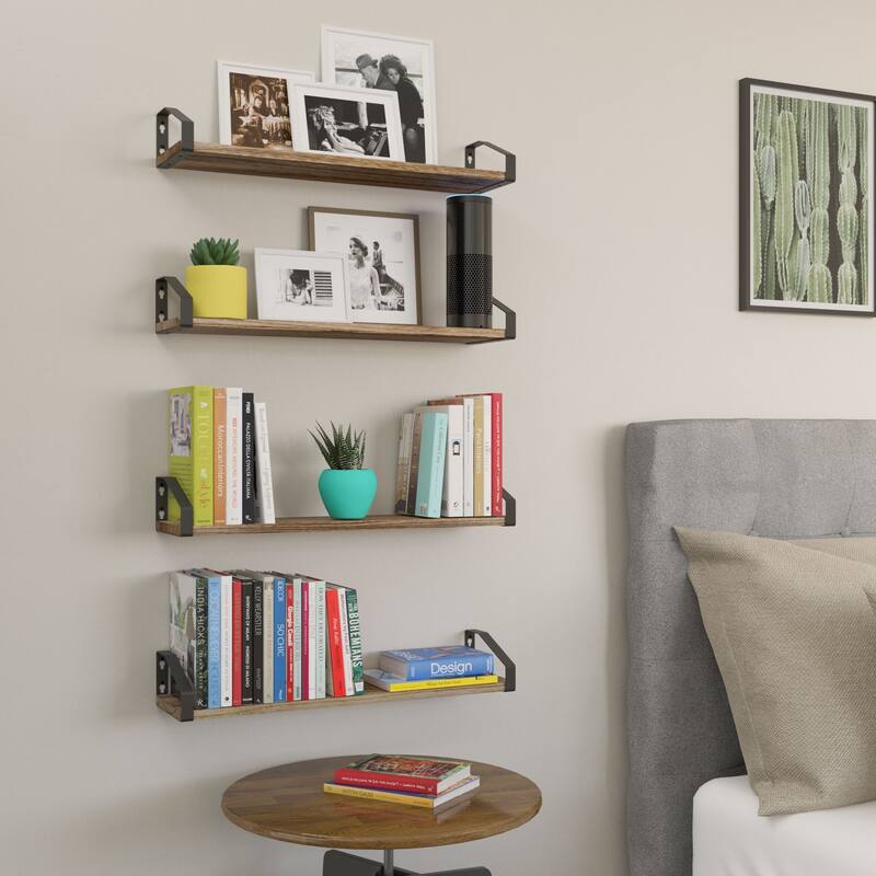 Wallniture Braga 24" Floating Bookshelves for Farmhouse Wall Décor, Burnt Finish, Set of 4