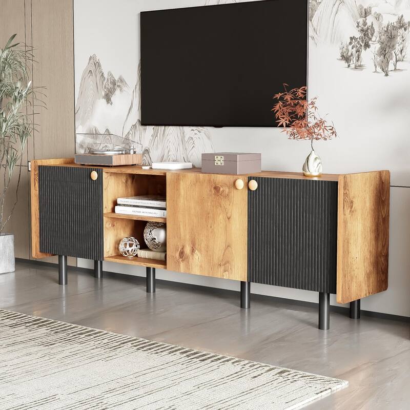 61" Mid-Century TV Stand with 3 Cabinets, Open Storage Media Console for TVs up to 70"