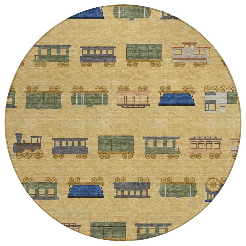 Machine Washable Indoor/ Outdoor Modern Train Chantille Rug