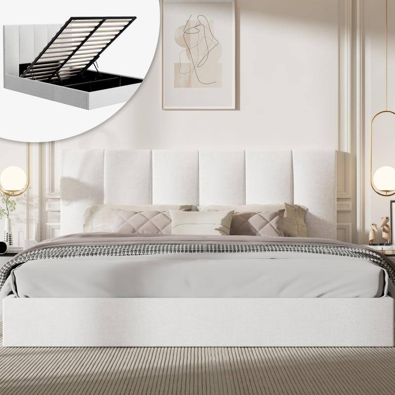 Full Size Lift-Up Storage Bed, White - White - King