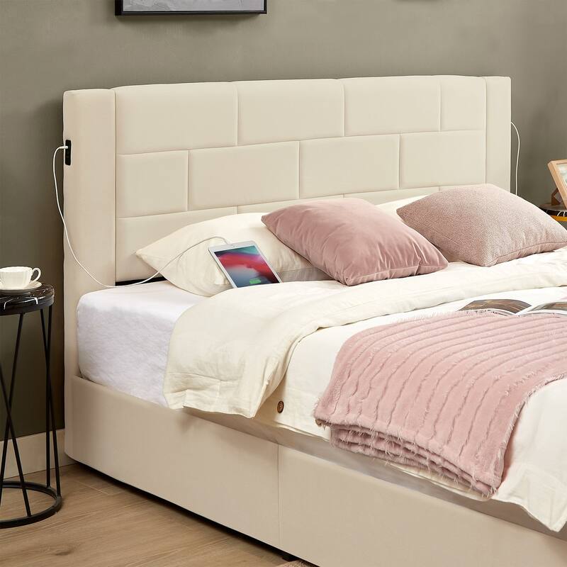 VECELO Upholstered Storage Bed Frame with 2 Side USB Ports and 4 Big Space Drawers, Velvet Headboard and Charging Station-Ports