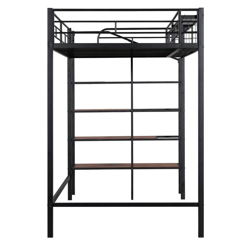 Twin Size Metal Loft Bed with Grid Storage Shelf and 4 Layers Storage Ladder, Heavy Duty Metal Bed Frame, High Loftbed