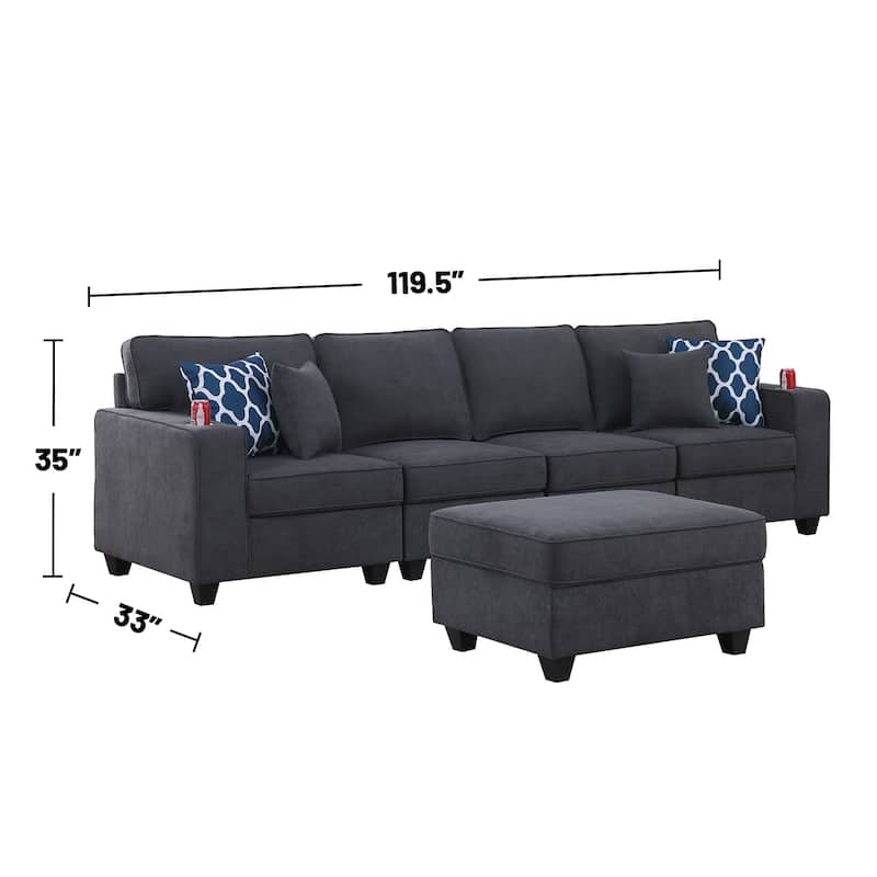 Woven Upholstered 4-Seater Sofa with Ottoman in Stone Gray