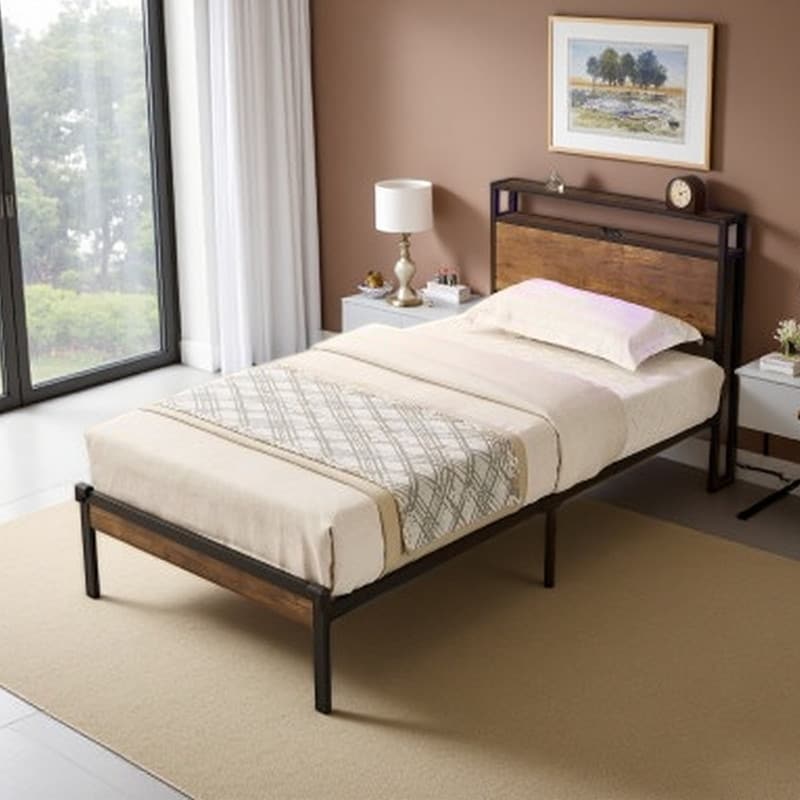 Twin Metal Platform Bed with Wooden Headboard & Footboard, USB Charging Port, 10" Underbed Storage, No Box Spring Needed