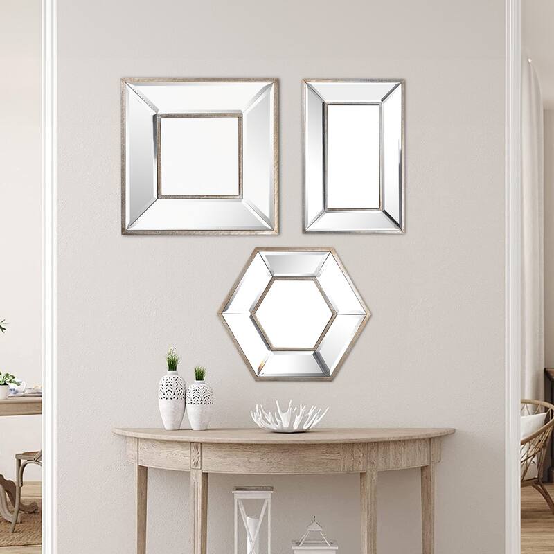 18, 14, 11 Inch Modern Accent Wall Mirror, Set of 3 Varied Shapes, Silver