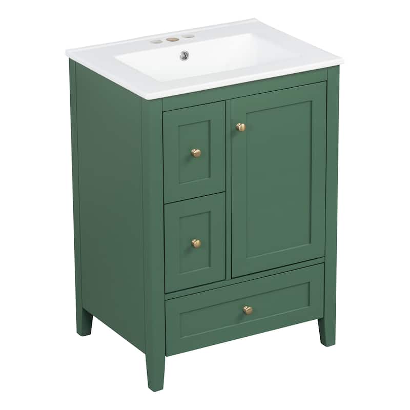 24-Inch Bathroom Vanity with Storage, Adjustable Shelf, MDF & Rubberwood, Removable Dividers
